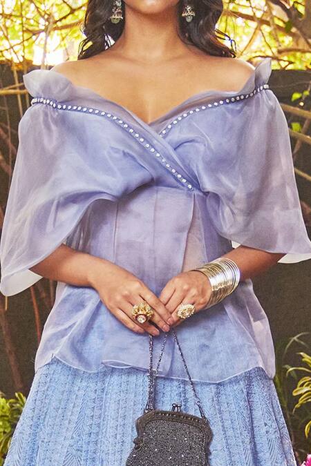 Buy_Jade By Monica & Karishma_Blue Tulle Embroidered Off Shoulder Lehenga Set_Online_at_Aza_Fashions