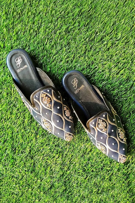Shop Sephyr Blue Zardozi Embroidered Mules at Aza Fashions Shop_Sephyr_Blue Zardozi Embroidered Mules _at_Aza_Fashions
