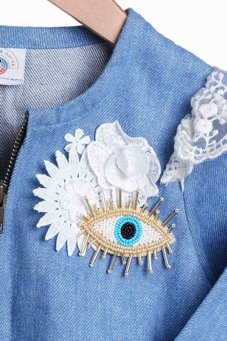 MI Dulce AN'YA_Blue Denim Embroidery Applique Work Bomber Jacket _Online_at_Aza_Fashions