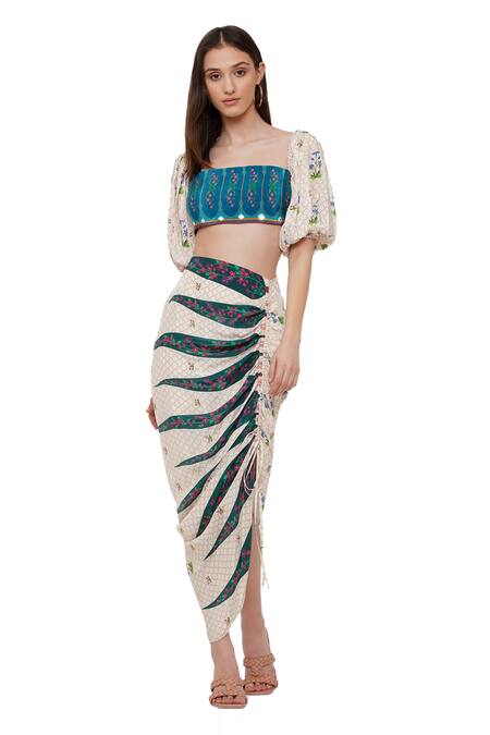 Buy_Limerick By Abirr N' Nanki_Off White Crepe Miniature Paintings India Denver Printed Skirt _Online_at_Aza_Fashions