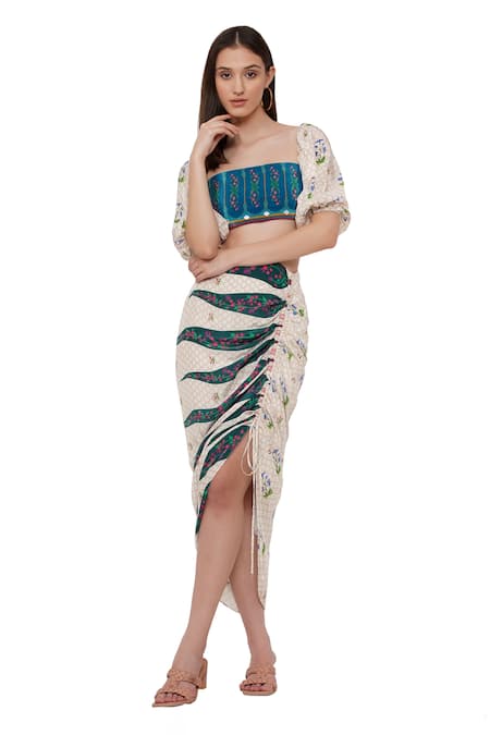 Limerick By Abirr N' Nanki Off White Crepe Floral Square Neck Denver Printed Crop Top 