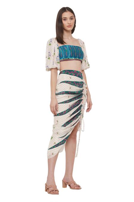 Limerick By Abirr N' Nanki Off White Crepe Floral Square Neck Denver Printed Crop Top Online at Aza Fashions Limerick By Abirr N' Nanki_Off White Crepe Floral Square Neck Denver Printed Crop Top _Online_at_Aza_Fashions