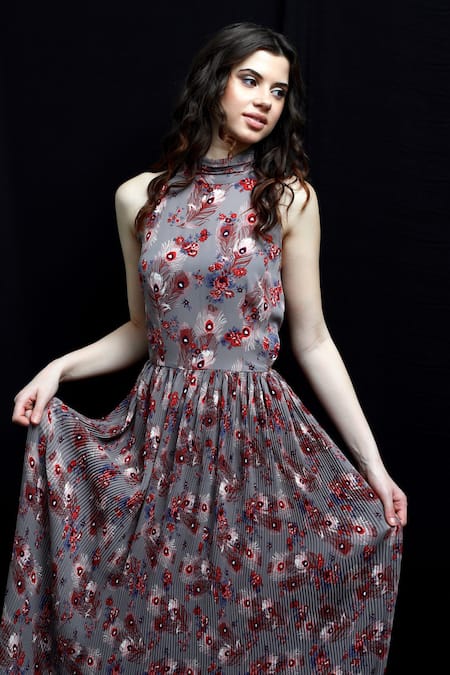 Swatee Singh_Grey Heavy Georgette Halter Pleated Maxi Dress_Online_at_Aza_Fashions