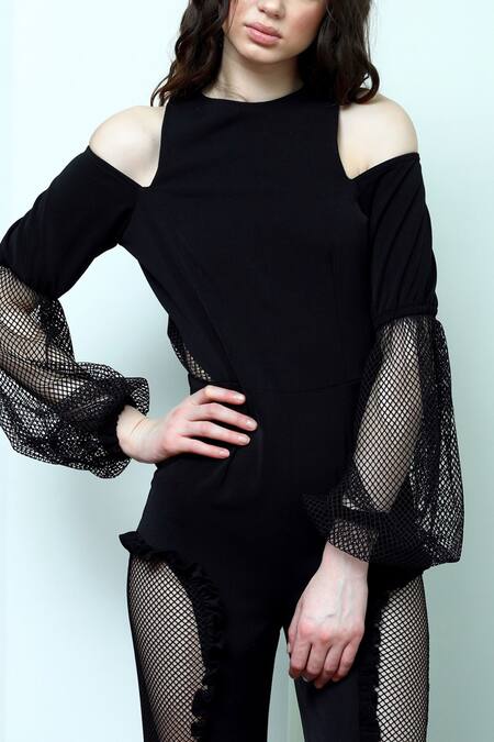 Buy_Swatee Singh_Black Mesh, Heavy Crepe Round Cold Shoulder Jumpsuit _Online_at_Aza_Fashions