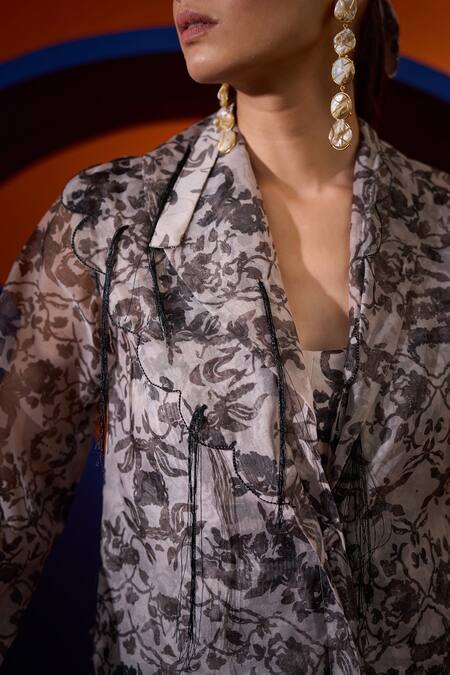 Buy The Dramebaaz CO Black Organza Beads, Sequins, Embroidery Square Primrose Print Dress With Jacket Online at Aza Fashions Buy_The Dramebaaz CO_Black Organza Beads, Sequins, Embroidery Square Primrose Print Dress With Jacket _Online_at_Aza_Fashions