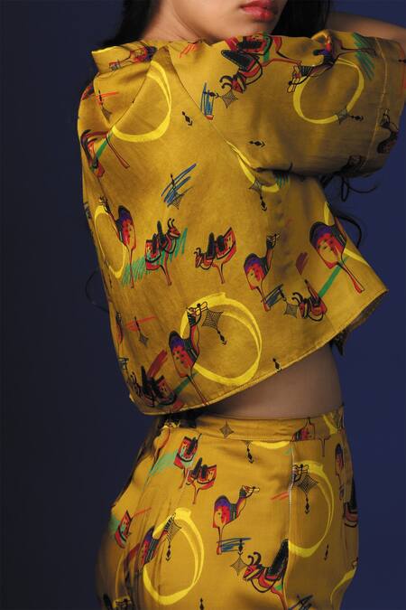 Shop_Ekastories_Yellow Cotton Collared Pashu Mela Resort Shirt And Pant Set _Online_at_Aza_Fashions