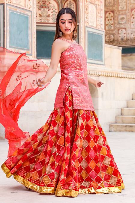 Gulabo Jaipur Red Kota Doriya Kurta And Leheriya Lehenga Set