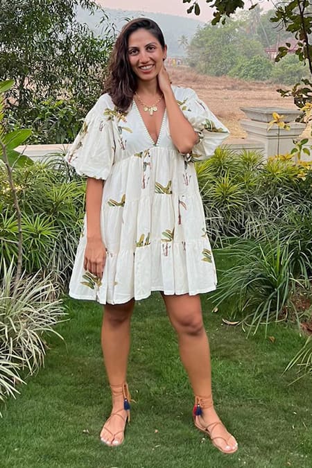 Buy Nikasha Off White Cotton Silk Banana Tree V Neck Hand Painted Dress Online at Aza Fashions Buy_Nikasha_Off White Cotton Silk Banana Tree V Neck Hand Painted Dress _Online_at_Aza_Fashions