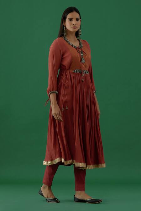 Shop_5elements_Brown 100% Cotton With Silk Brocade Yoke Ghungroo Neckline Anarkali Set _Online_at_Aza_Fashions