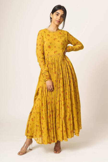 Shop Dot Yellow Cotton Round Floral Print Anarkali at Aza Fashions Shop_Dot_Yellow Cotton Round Floral Print Anarkali _at_Aza_Fashions