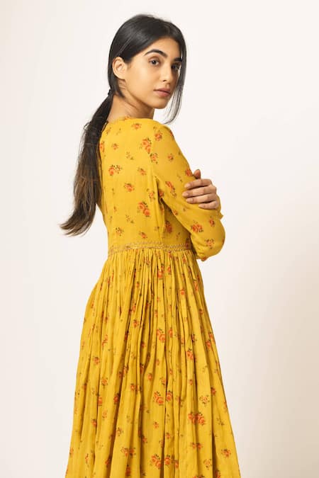 Dot Yellow Cotton Round Floral Print Anarkali Online at Aza Fashions Dot_Yellow Cotton Round Floral Print Anarkali _Online_at_Aza_Fashions