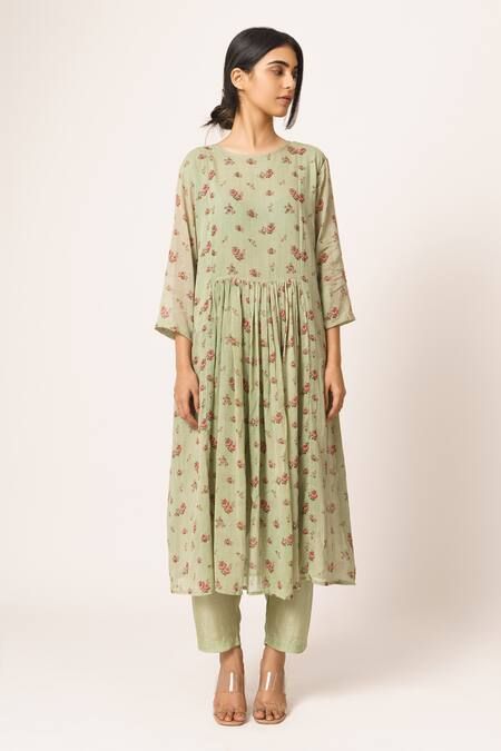 Buy_Dot_Green Cotton Round Printed Kurta Set _Online_at_Aza_Fashions