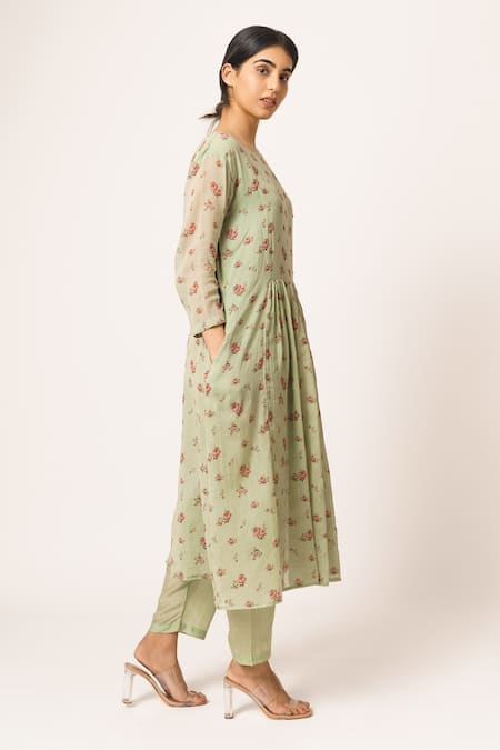 Dot Green Cotton Round Printed Kurta Set 