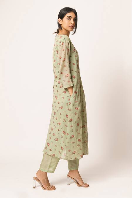 Dot_Green Cotton Round Printed Kurta Set _Online_at_Aza_Fashions