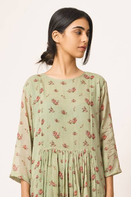 Shop_Dot_Green Cotton Round Printed Kurta Set _Online_at_Aza_Fashions