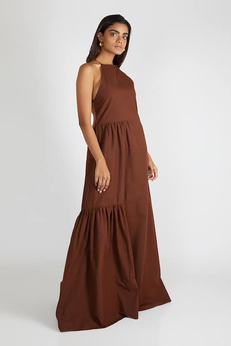 Buy Brown Cotton Halter Backless Gown For Women by Deme by Gabriella Online  at Aza Fashions.