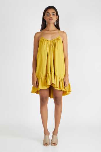 Deme By Gabriella_Yellow Cotton V Neck Flared Tent Dress_Online_at_Aza_Fashions