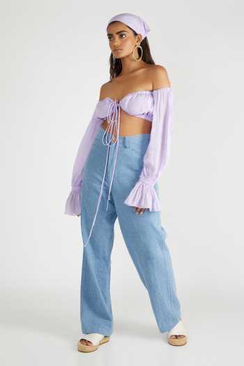 Deme By Gabriella Purple Chiffon Off Shoulder Crop Top Online at Aza Fashions Deme By Gabriella_Purple Chiffon Off Shoulder Crop Top_Online_at_Aza_Fashions