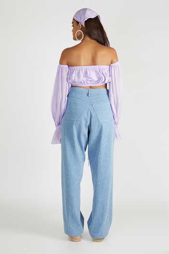 Shop Deme By Gabriella Purple Chiffon Off Shoulder Crop Top at Aza Fashions Shop_Deme By Gabriella_Purple Chiffon Off Shoulder Crop Top_at_Aza_Fashions