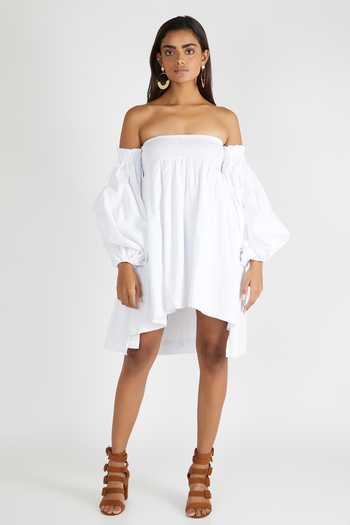 Deme By Gabriella White Cotton Off Shoulder Asymmetric Dress Online at Aza Fashions Deme By Gabriella_White Cotton Off Shoulder Asymmetric Dress_Online_at_Aza_Fashions