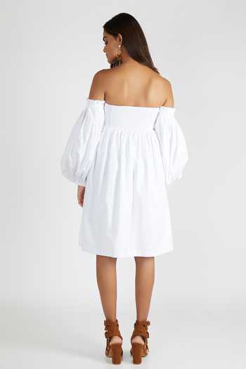 Shop Deme By Gabriella White Cotton Off Shoulder Asymmetric Dress at Aza Fashions Shop_Deme By Gabriella_White Cotton Off Shoulder Asymmetric Dress_at_Aza_Fashions