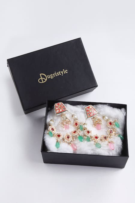 Dugran By Dugristyle_Multi Color Pearls, Metallic Thread Kundan Chandbali Earrings _Online_at_Aza_Fashions
