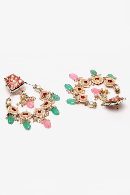 Buy_Dugran By Dugristyle_Multi Color Pearls, Metallic Thread Kundan Chandbali Earrings _Online_at_Aza_Fashions