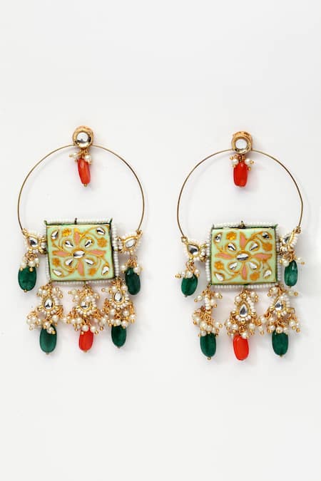 Shop Dugran By Dugristyle Green Pearls, Metallic Thread Kundan Chandbali Earrings at Aza Fashions Shop_Dugran By Dugristyle_Green Pearls, Metallic Thread Kundan Chandbali Earrings _at_Aza_Fashions