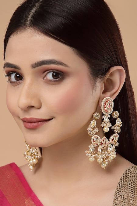 Shop_Dugran By Dugristyle_Gold Plated Pearls, Stones, Diamonds Kundan Chandbali Earrings _at_Aza_Fashions
