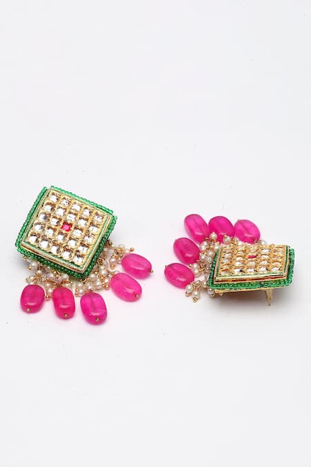 Gold Polished Pink Stone Earrings - Silver Palace