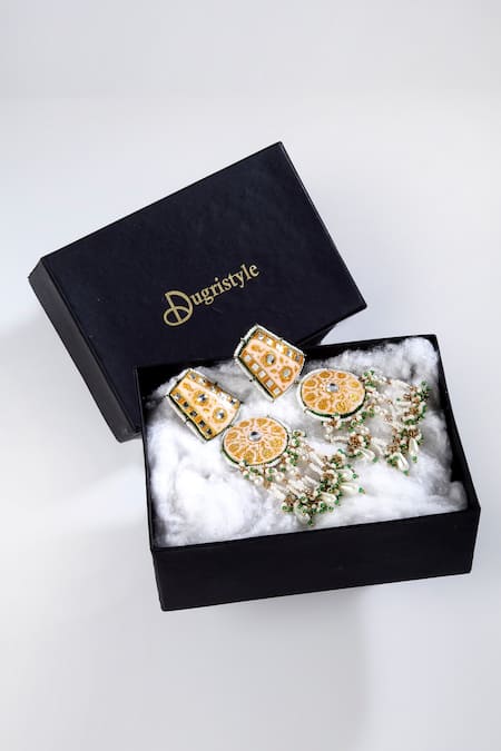 Dugran By Dugristyle_Pink Pearls, Metallic Thread Meenakari Dangler Earrings _Online_at_Aza_Fashions