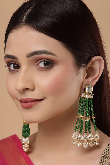 Shop Dugran By Dugristyle Gold Plated Pearls, Diamonds, Stones Kundan Dangler Earrings at Aza Fashions Shop_Dugran By Dugristyle_Gold Plated Pearls, Diamonds, Stones Kundan Dangler Earrings _at_Aza_Fashions