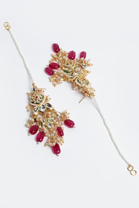 Buy_Dugran By Dugristyle_Gold Plated Pearls, Fabric Flowers Kundan Dangler Earrings With Ear Chain _Online_at_Aza_Fashions