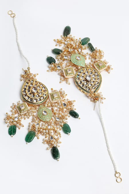 Buy Dugran By Dugristyle Green Pearls, Gota Patti Kundan Dangler Earrings With Ear Chain Online at Aza Fashions Buy_Dugran By Dugristyle_Green Pearls, Gota Patti Kundan Dangler Earrings With Ear Chain _Online_at_Aza_Fashions