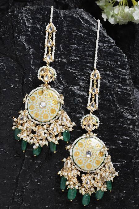 Dugran By Dugristyle_Gold Plated Pearls, Metallic Thread, Meenakari Dangler Earrings With Ear Chain _Online_at_Aza_Fashions