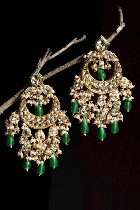 Dugran By Dugristyle Gold Plated Pearls, Fabric Flowers Kundan And Bead Drop Earrings Online at Aza Fashions Dugran By Dugristyle_Gold Plated Pearls, Fabric Flowers Kundan And Bead Drop Earrings _Online_at_Aza_Fashions