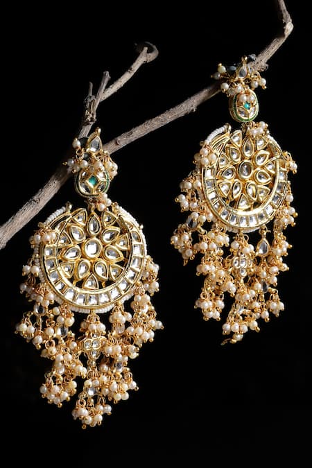 Dugran By Dugristyle_Gold Plated Pearls, Fabric Flowers, Stones Kundan Floral Earrings _Online_at_Aza_Fashions