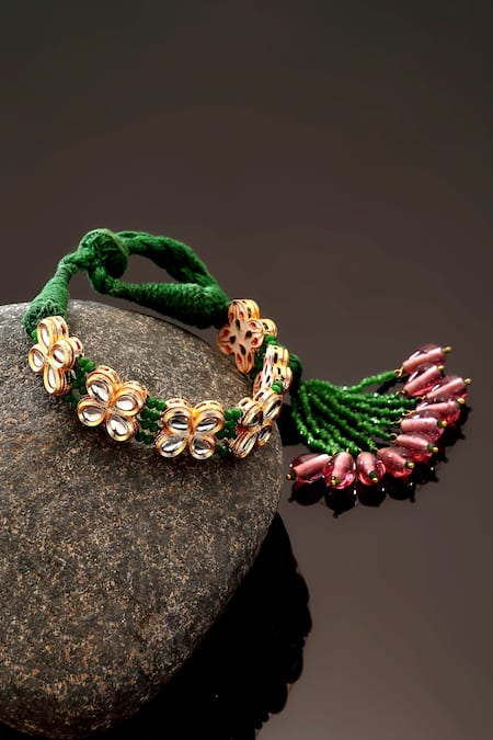 Buy_Dugran By Dugristyle_Gold Plated Pearls, Fabric Flowers Kundan Bracelet _Online_at_Aza_Fashions