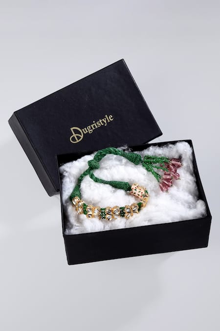 Shop_Dugran By Dugristyle_Gold Plated Pearls, Fabric Flowers Kundan Bracelet _Online_at_Aza_Fashions