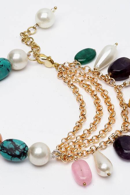Shop_Dugran By Dugristyle_Gold Plated Pearls, Stones Drop Bracelet _Online_at_Aza_Fashions