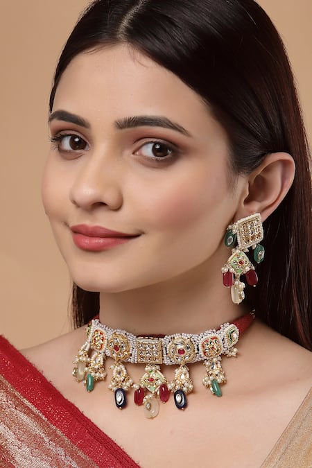 Shop Dugran By Dugristyle Gold Plated Pearls, Stones Beaded Choker Set at Aza Fashions Shop_Dugran By Dugristyle_Gold Plated Pearls, Stones Beaded Choker Set _at_Aza_Fashions