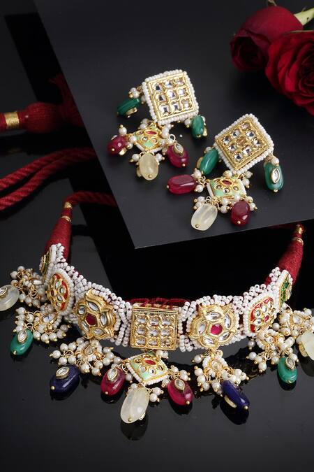 Buy Dugran By Dugristyle Gold Plated Pearls, Stones Beaded Choker Set Online at Aza Fashions Buy_Dugran By Dugristyle_Gold Plated Pearls, Stones Beaded Choker Set _Online_at_Aza_Fashions