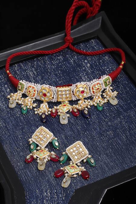 Shop Dugran By Dugristyle Gold Plated Pearls, Stones Beaded Choker Set Online at Aza Fashions Shop_Dugran By Dugristyle_Gold Plated Pearls, Stones Beaded Choker Set _Online_at_Aza_Fashions