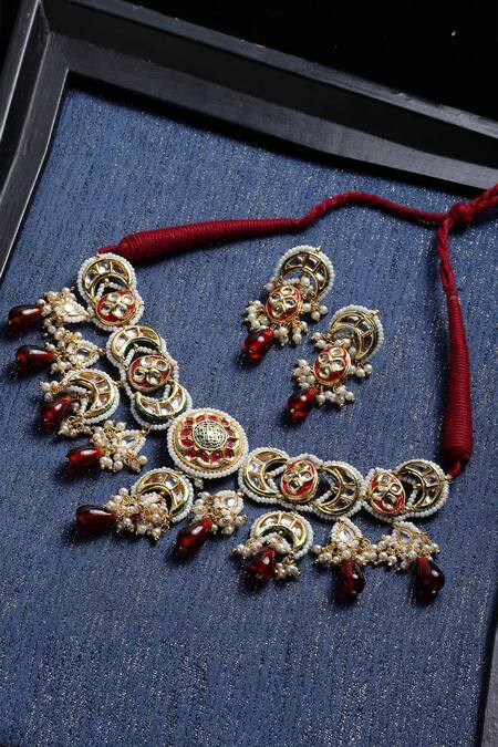 Buy_Dugran By Dugristyle_Gold Plated Pearls, Diamonds, Stones Drop Necklace Set _Online_at_Aza_Fashions