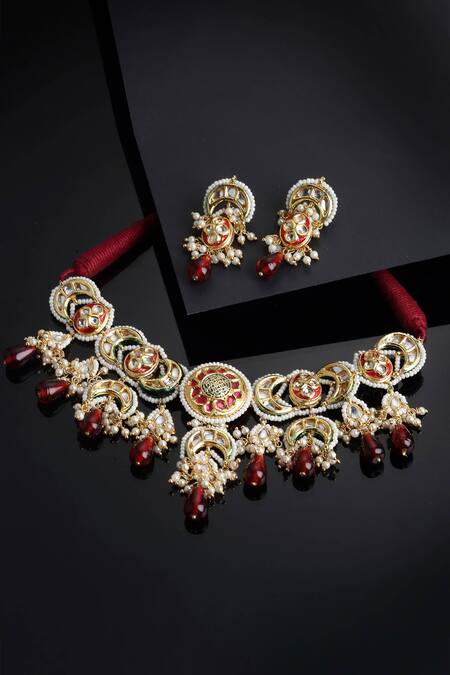 Shop_Dugran By Dugristyle_Gold Plated Pearls, Diamonds, Stones Drop Necklace Set _Online_at_Aza_Fashions