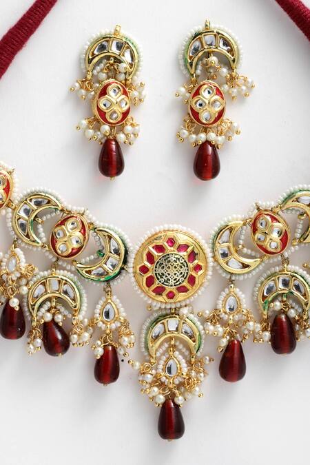 Dugran By Dugristyle_Gold Plated Pearls, Diamonds, Stones Drop Necklace Set _at_Aza_Fashions