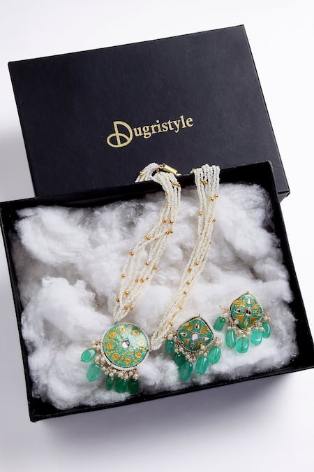 Buy_Dugran By Dugristyle_Gold Plated Pearls, Fabric Flowers Meenakari Necklace Set _Online_at_Aza_Fashions