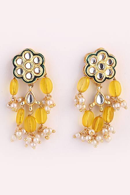 Dugran By Dugristyle_Gold Plated Pearls, Fabric Flowers Stone Drop Necklace Set _Online_at_Aza_Fashions