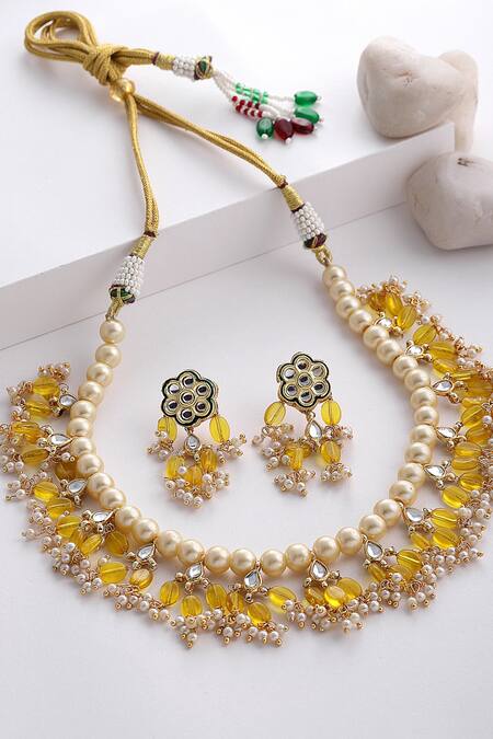 Buy_Dugran By Dugristyle_Gold Plated Pearls, Fabric Flowers Stone Drop Necklace Set _Online_at_Aza_Fashions