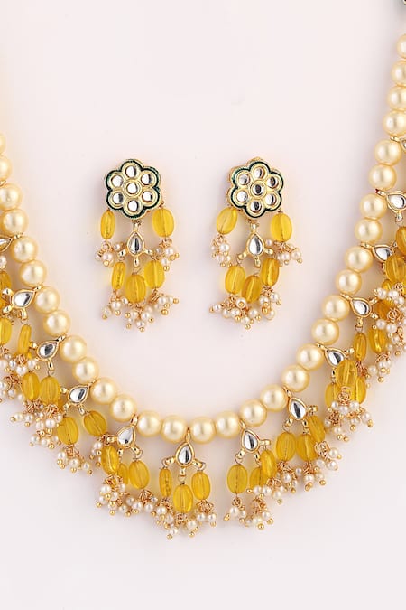 Shop_Dugran By Dugristyle_Gold Plated Pearls, Fabric Flowers Stone Drop Necklace Set _Online_at_Aza_Fashions